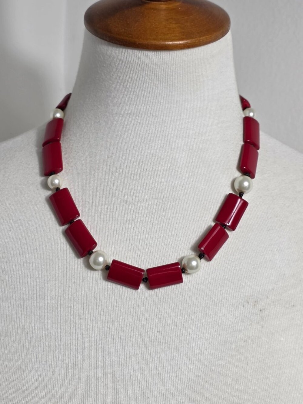 Vintage Talbots Beaded Necklace Glossy Red Rectangular Beads & White Faux Pearls